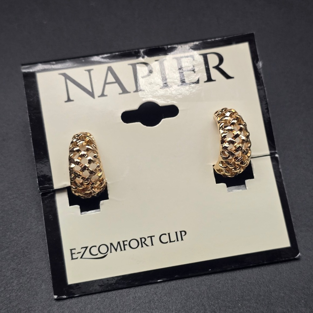 Napier Gold Tone Open Weave Basketweave Clip On Hoop Earrings NWT